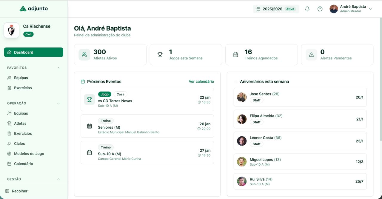 Adjunto - Software de gestão desportiva para clubes de futebol. Dashboard com planeamento de treinos, presenças e convocatórias.