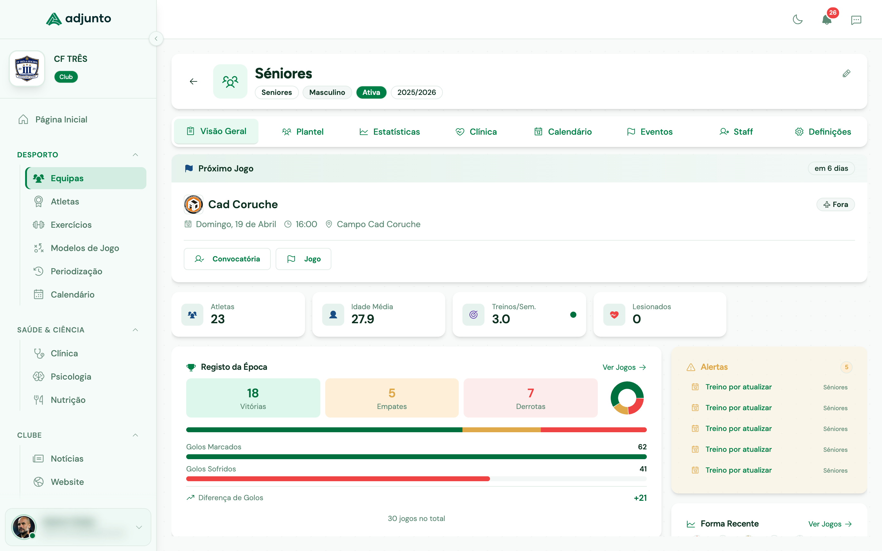 Adjunto - Software de gestão desportiva para clubes de futebol. Dashboard com planeamento de treinos, presenças e convocatórias.